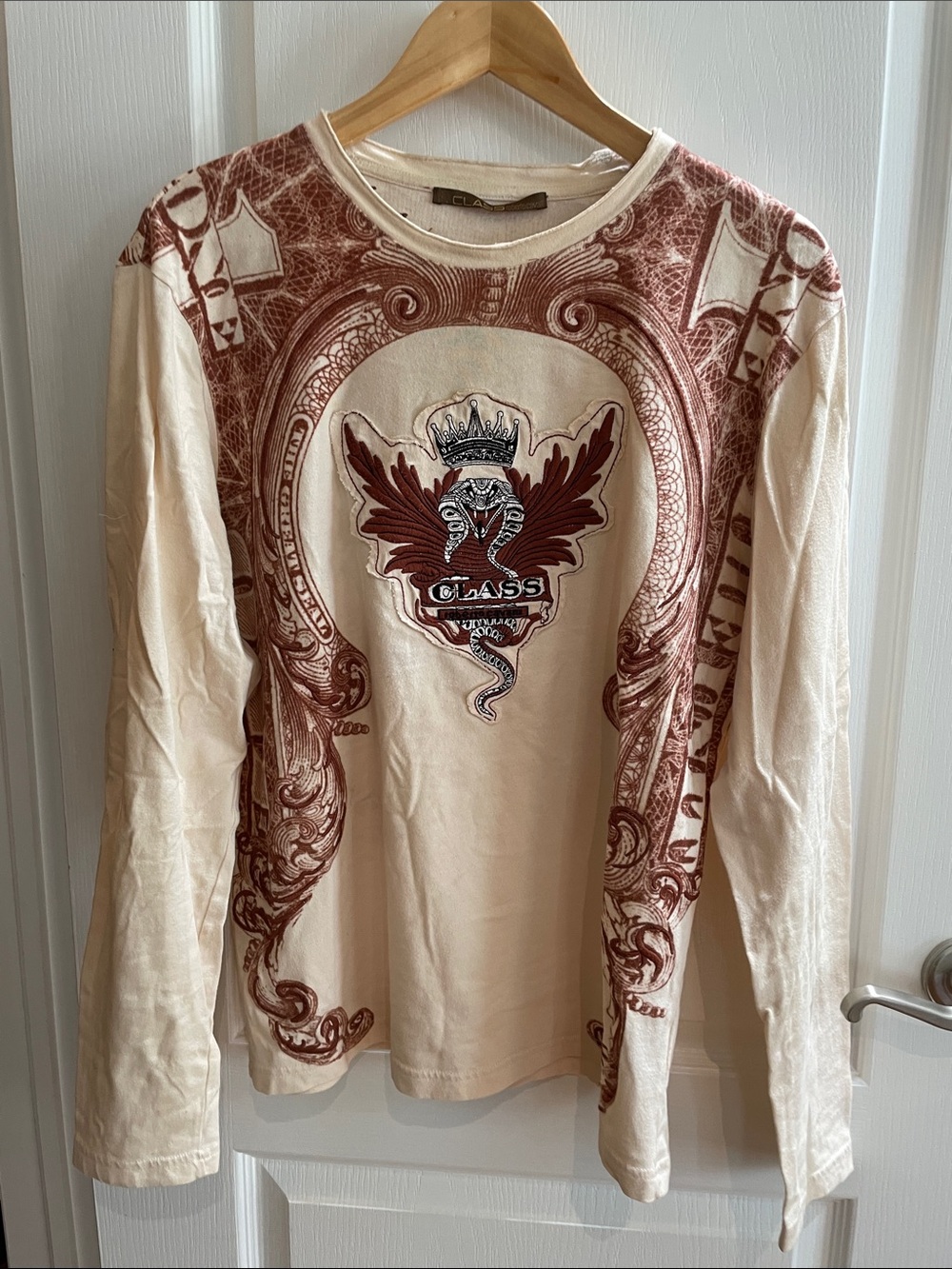 Roberto Cavalli Cream Long Sleeve Tee with Brown Graphic